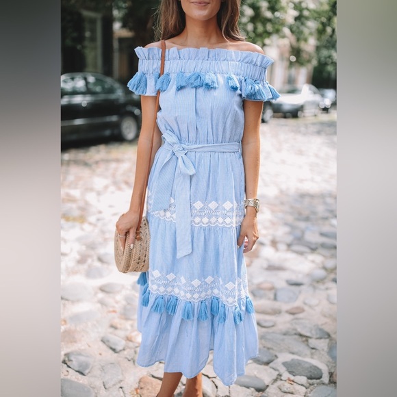 TULAROSA Lana Dress in Getty Stripe Light Blue Tassel Off Shoulder - Picture 6 of 9